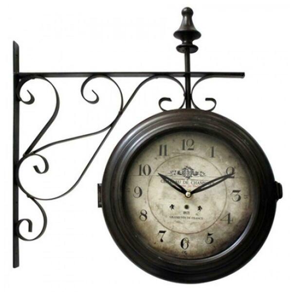 Yosemite Home Decor Double Sided Iron Wall Clock with Black Iron Frame Wall Mount Holder Glass CLKA1B359